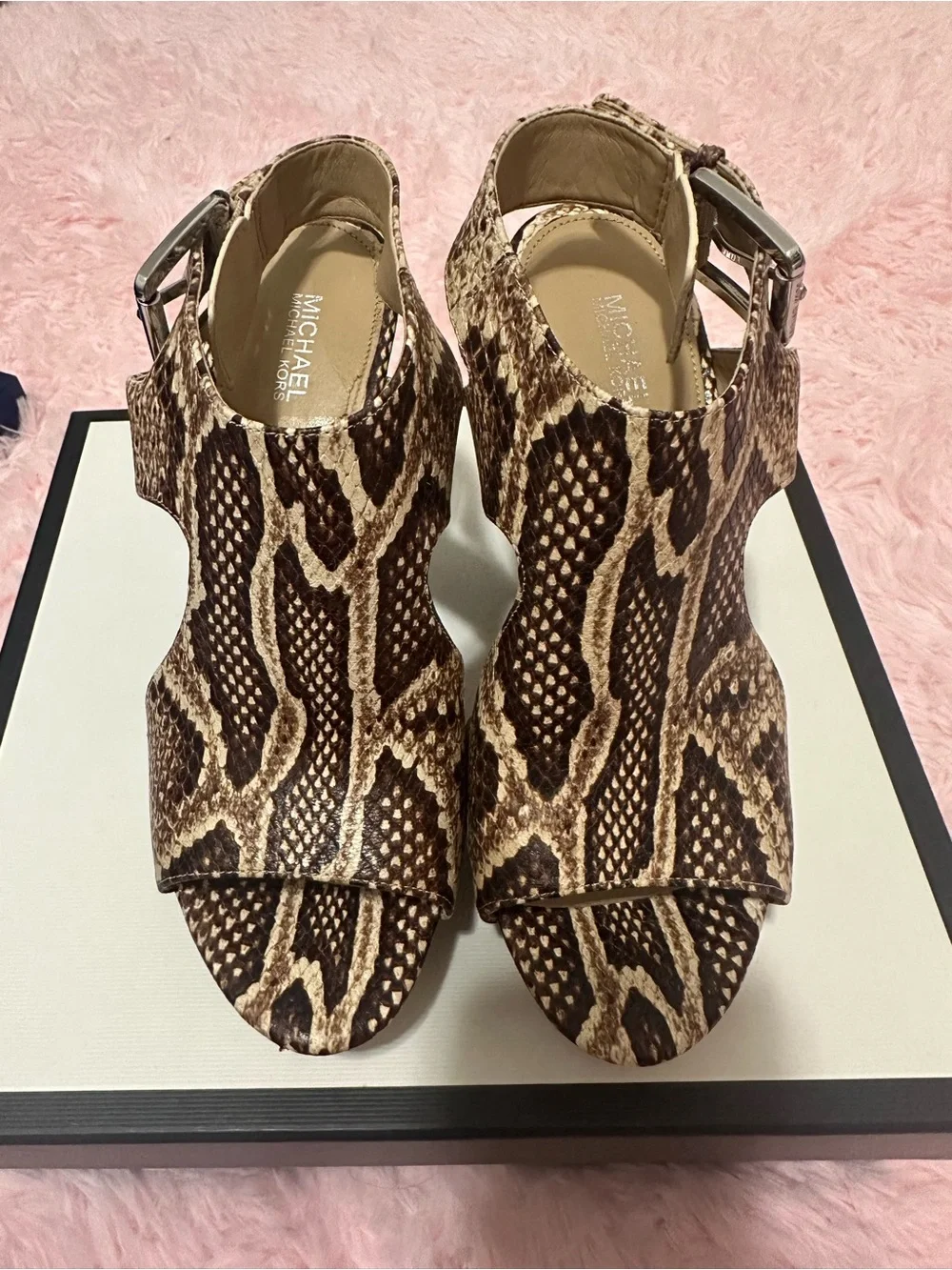 Michael Kors Snake-Print Wedge Sandals in Brown and Cream